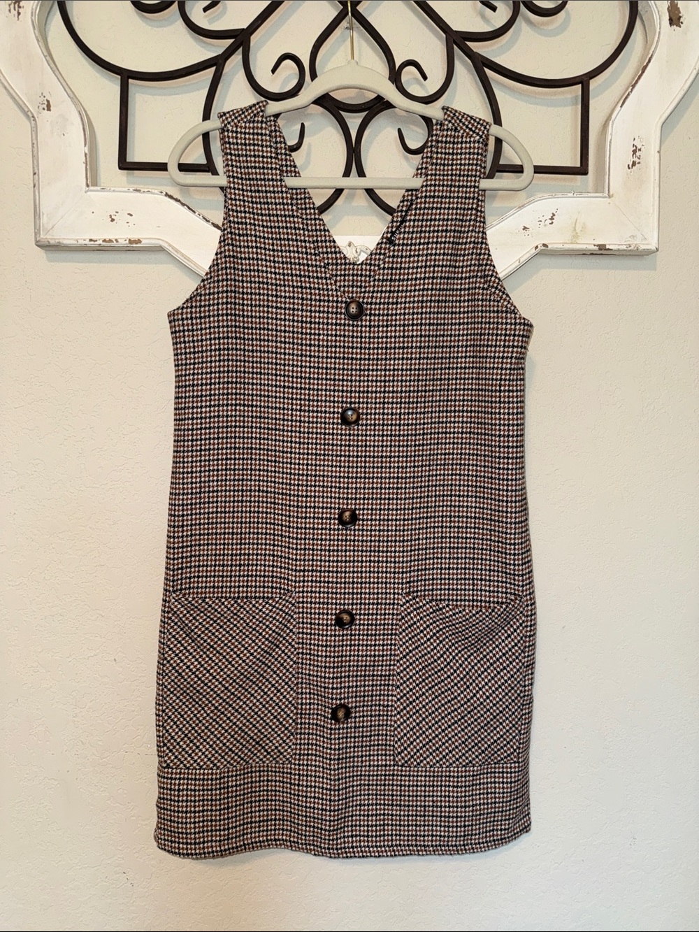 SHEIN Brown & Black Houndstooth Button-Front Shift Dress